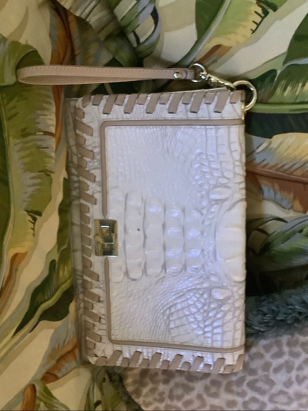 RARE!, Brahmin Lily Summer White Dalton Croc-Embossed Wristlet Envelope Clutch